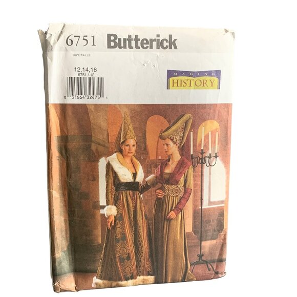 Butterick 6751 Medieval Dress Headpiece Sewing Pattern Sizes 12-16 uncut - Picture 1 of 2